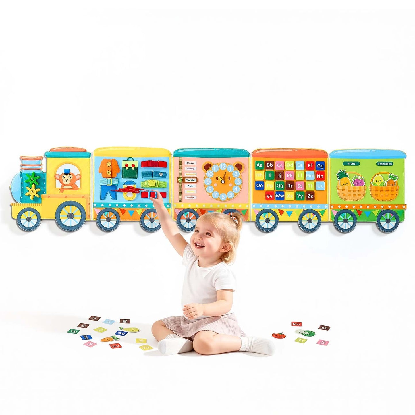 Felt Wall Busy Board, 14-in-1 Train Foldable Montessori Activity Toys, Travel Daycare, Classroom, Playroom, Home, Educational Sensory Panel, with Letters Fruits Vegetables Clock Learning Pieces