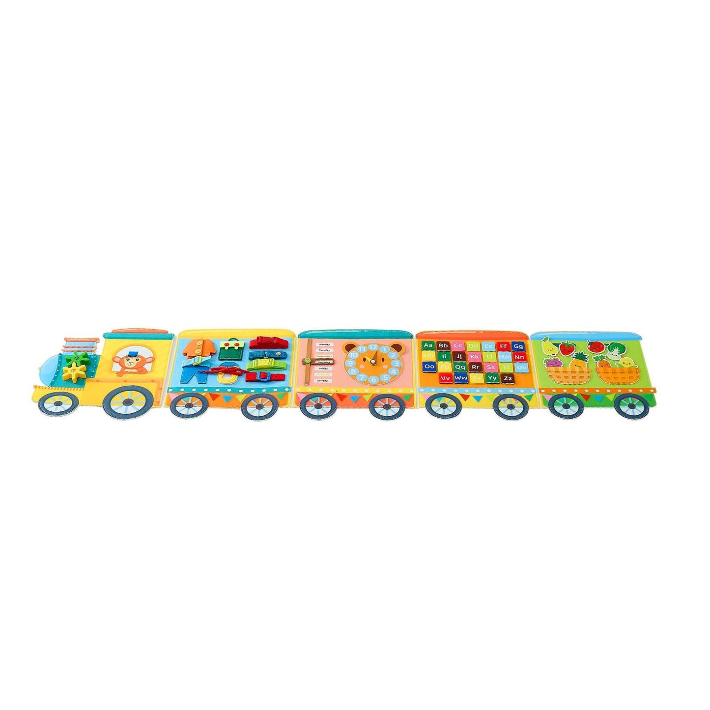 Felt Wall Busy Board, 14-in-1 Train Foldable Montessori Activity Toys, Travel Daycare, Classroom, Playroom, Home, Educational Sensory Panel, with Letters Fruits Vegetables Clock Learning Pieces