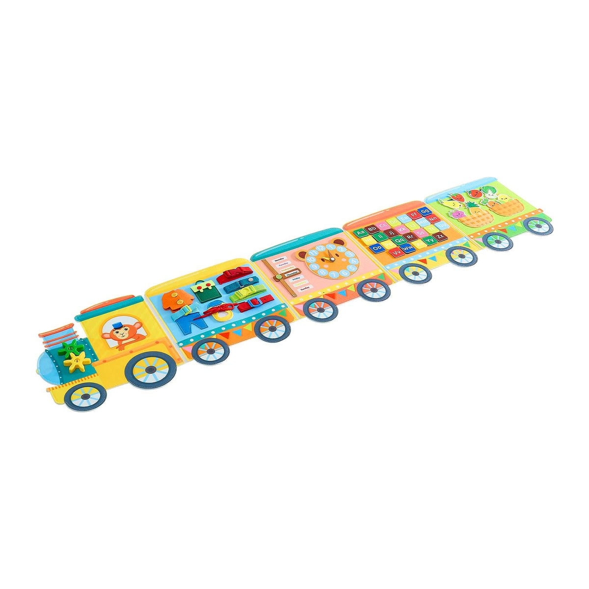 Felt Wall Busy Board, 14-in-1 Train Foldable Montessori Activity Toys, Travel Daycare, Classroom, Playroom, Home, Educational Sensory Panel, with Letters Fruits Vegetables Clock Learning Pieces