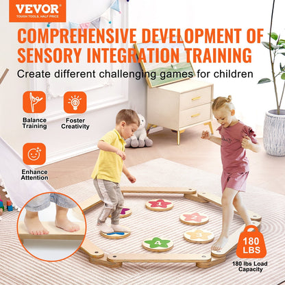 Kids Wooden Balance Beam & Stepping Stones Set with Storage Bag, 6 Pieces
