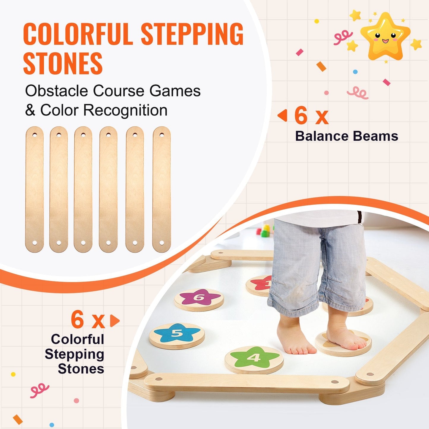 Kids Wooden Balance Beam & Stepping Stones Set with Storage Bag, 6 Pieces