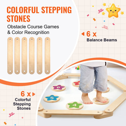 Kids Wooden Balance Beam & Stepping Stones Set with Storage Bag, 6 Pieces