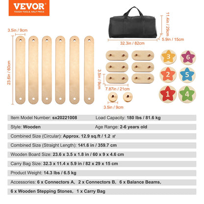 Kids Wooden Balance Beam & Stepping Stones Set with Storage Bag, 6 Pieces