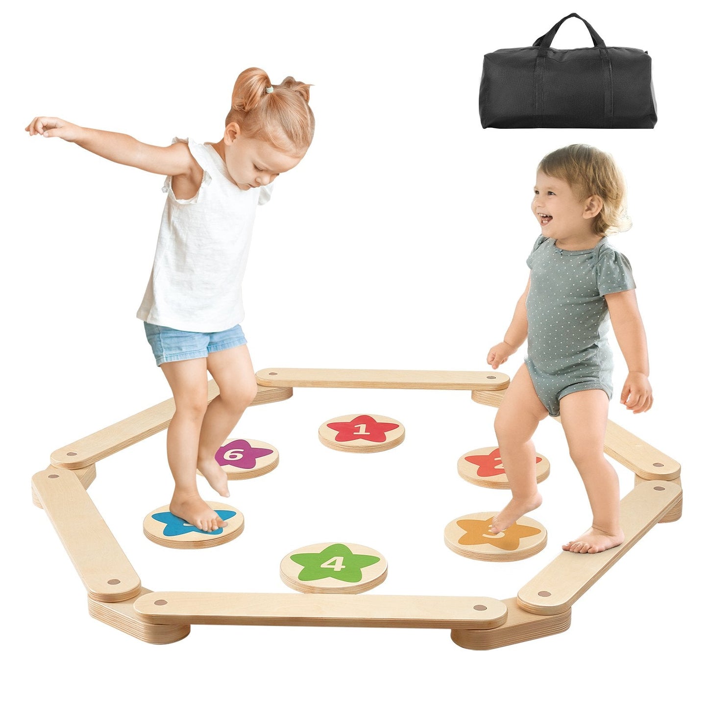 Kids Wooden Balance Beam & Stepping Stones Set with Storage Bag, 6 Pieces