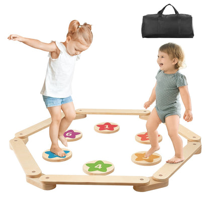 Kids Wooden Balance Beam & Stepping Stones Set with Storage Bag, 6 Pieces