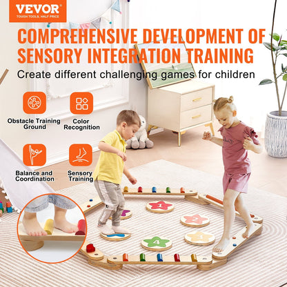 Wooden Kids Balance Beam Set with Stepping Stones - 6 Pieces, Ages 2-6