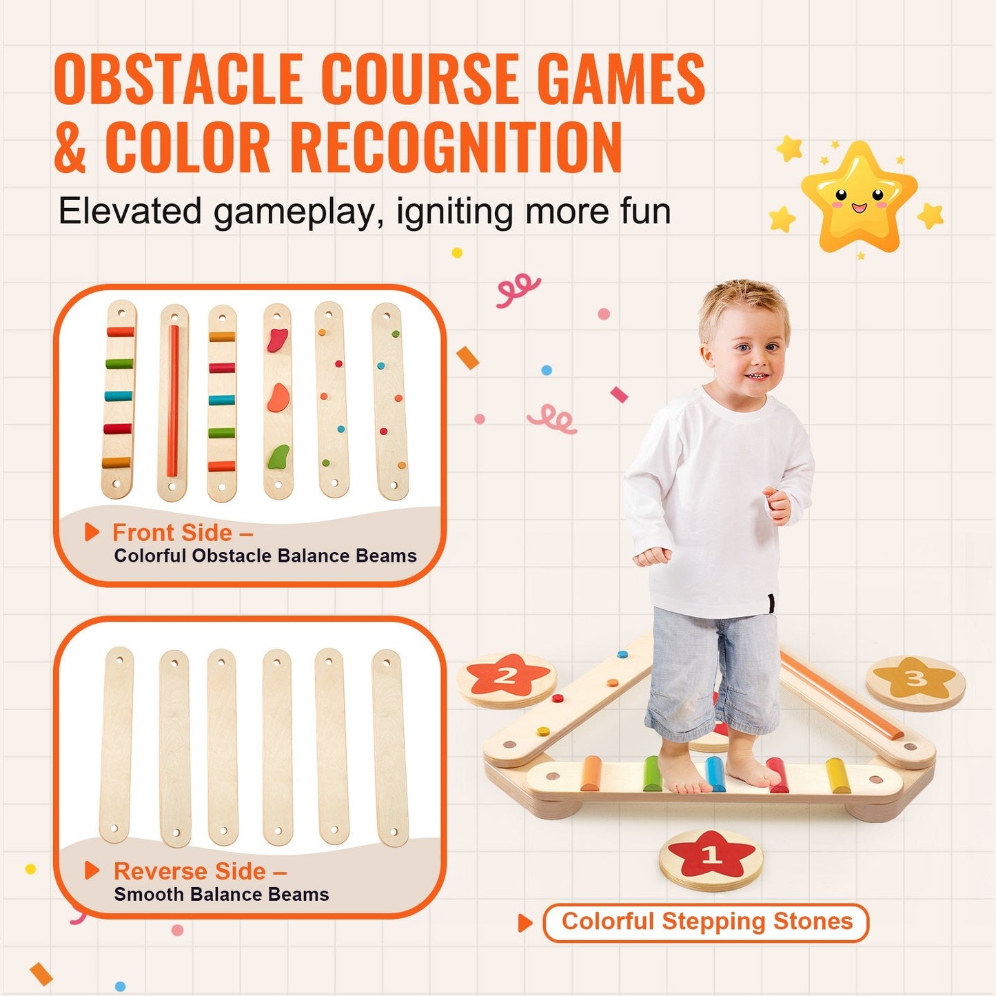 Wooden Kids Balance Beam Set with Stepping Stones - 6 Pieces, Ages 2-6