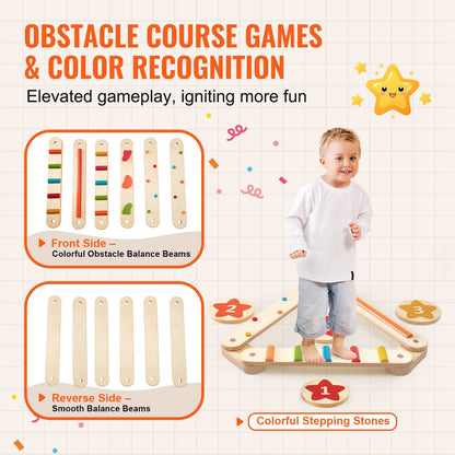 Wooden Kids Balance Beam Set with Stepping Stones - 6 Pieces, Ages 2-6