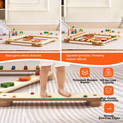 Wooden Kids Balance Beam Set with Stepping Stones - 6 Pieces, Ages 2-6