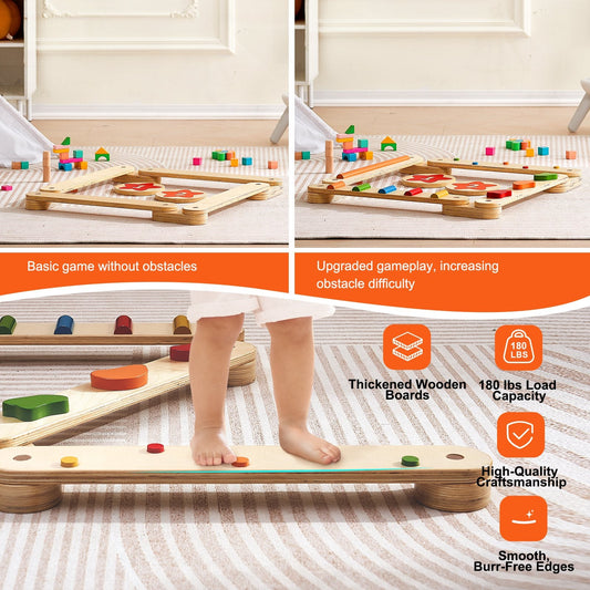 Wooden Kids Balance Beam Set with Stepping Stones - 6 Pieces, Ages 2-6