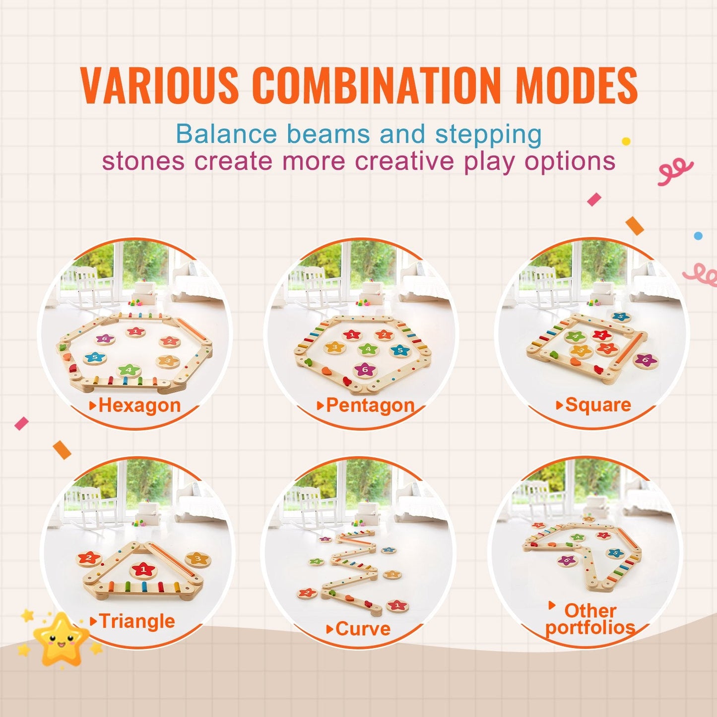 Wooden Kids Balance Beam Set with Stepping Stones - 6 Pieces, Ages 2-6