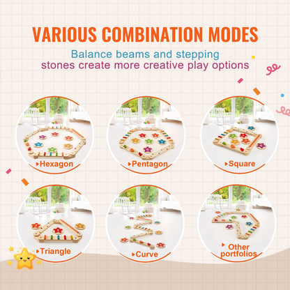 Wooden Kids Balance Beam Set with Stepping Stones - 6 Pieces, Ages 2-6