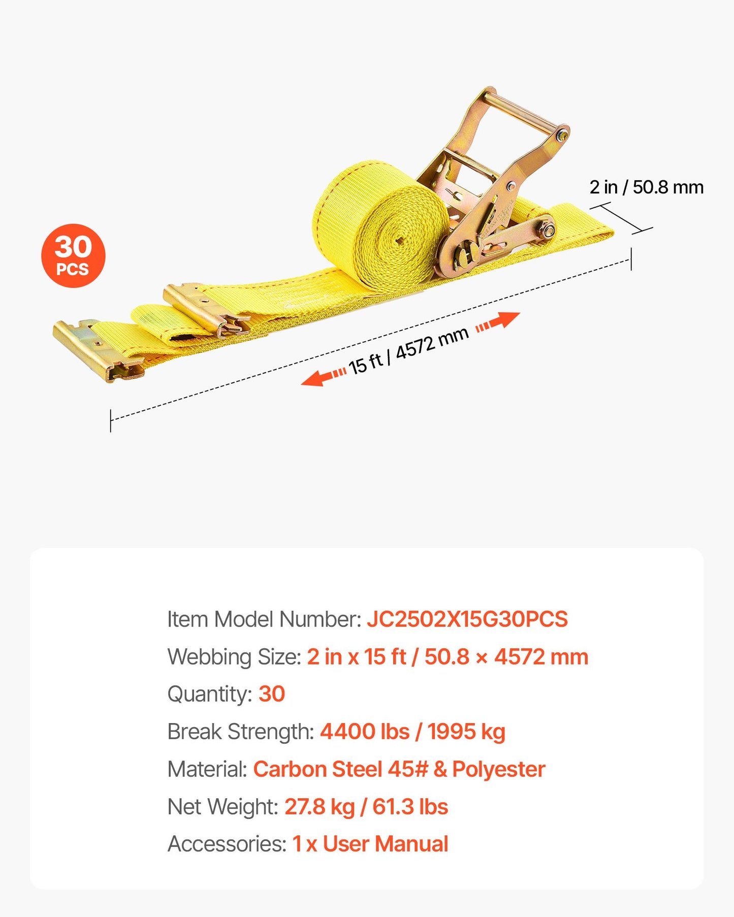 Ratchet Straps, 50.8 mm x 4.6 m, 30 Pack E-Track Tie Down Straps, 1995 kg Break Strength & 662 kg Rated Load, Tie Down Ratcheting for Moving, Trailers, Motorcycles, Kayaks, Car Roof, Yellow