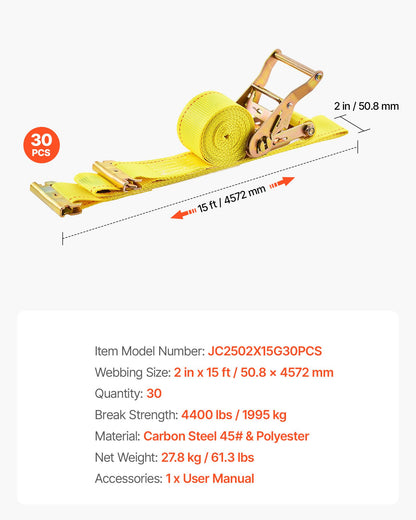 Ratchet Straps, 50.8 mm x 4.6 m, 30 Pack E-Track Tie Down Straps, 1995 kg Break Strength & 662 kg Rated Load, Tie Down Ratcheting for Moving, Trailers, Motorcycles, Kayaks, Car Roof, Yellow
