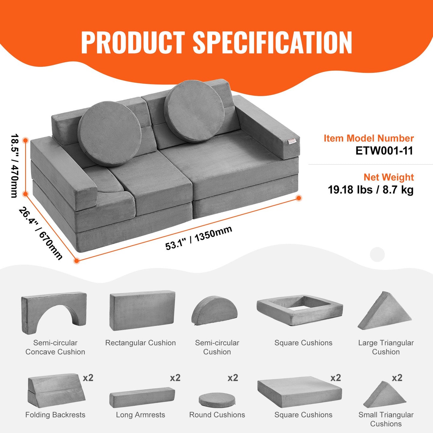 VEVOR Play Couch, 15pcs Modular Kids Nugget Couch, Toddler Foam Sofa Couch with