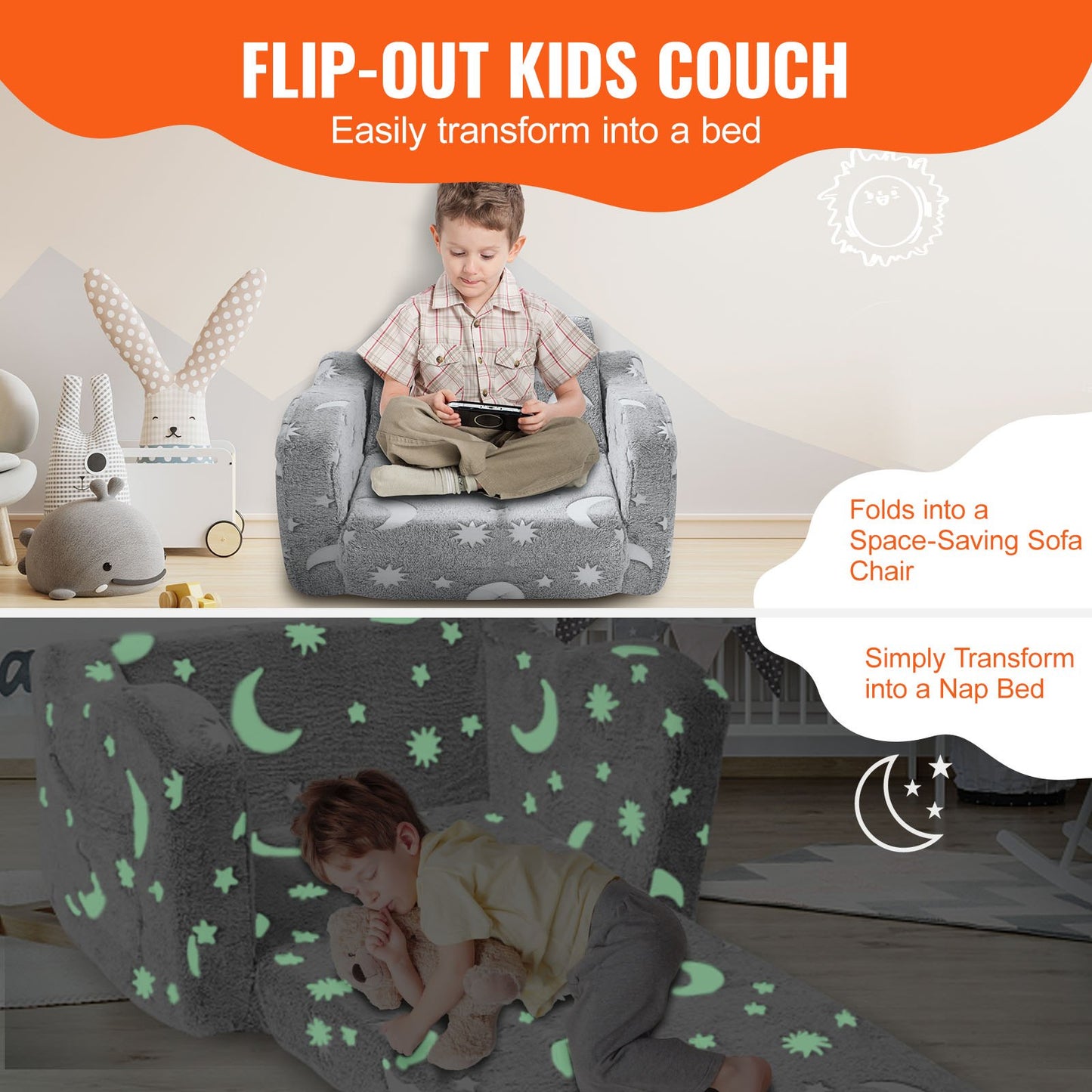 VEVOR Fold-out Kids Sofa, Glow-in-the-Dark Kids Couch Chair, 2-in-1 Children Convertible