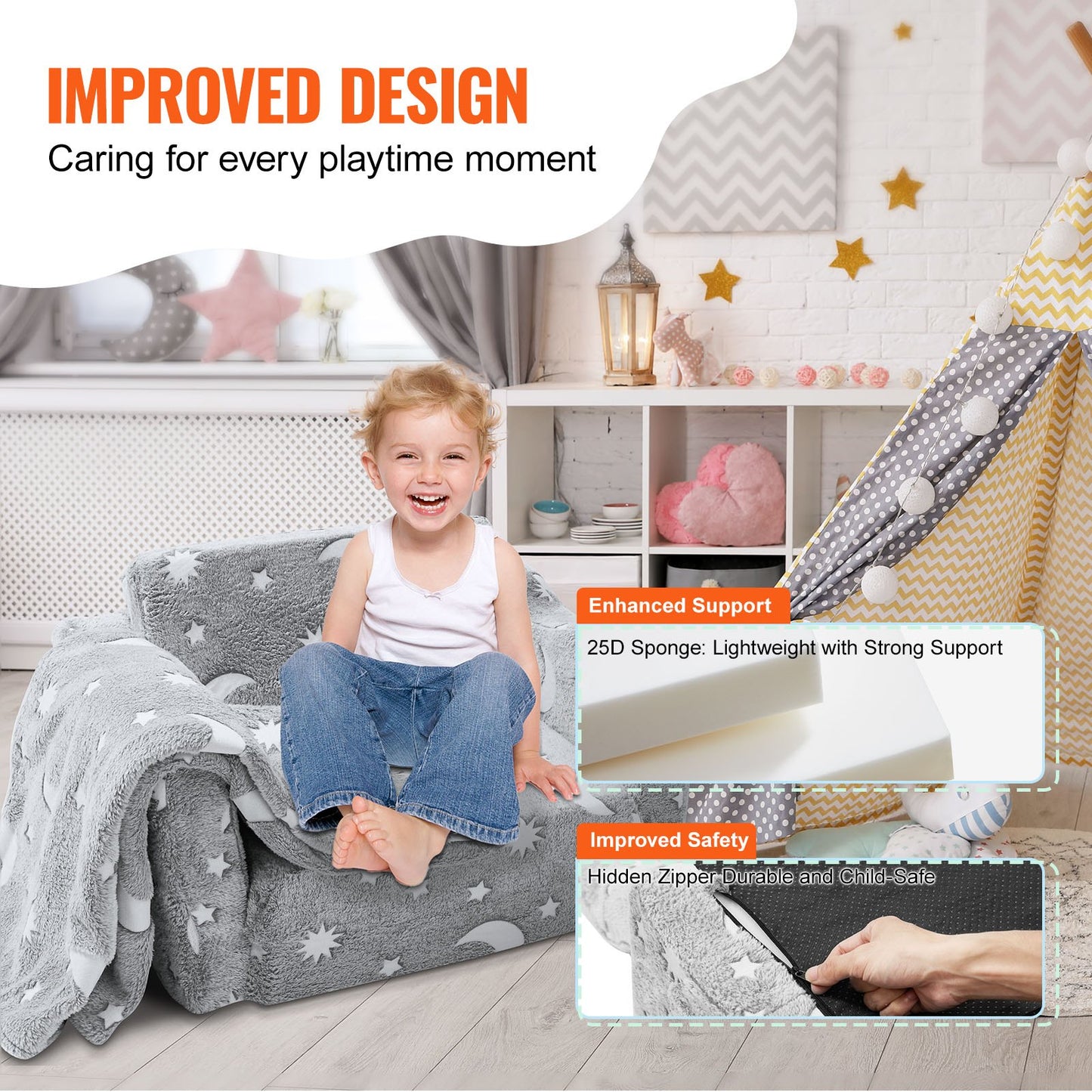 VEVOR Fold-out Kids Sofa, Glow-in-the-Dark Kids Couch Chair, 2-in-1 Children Convertible