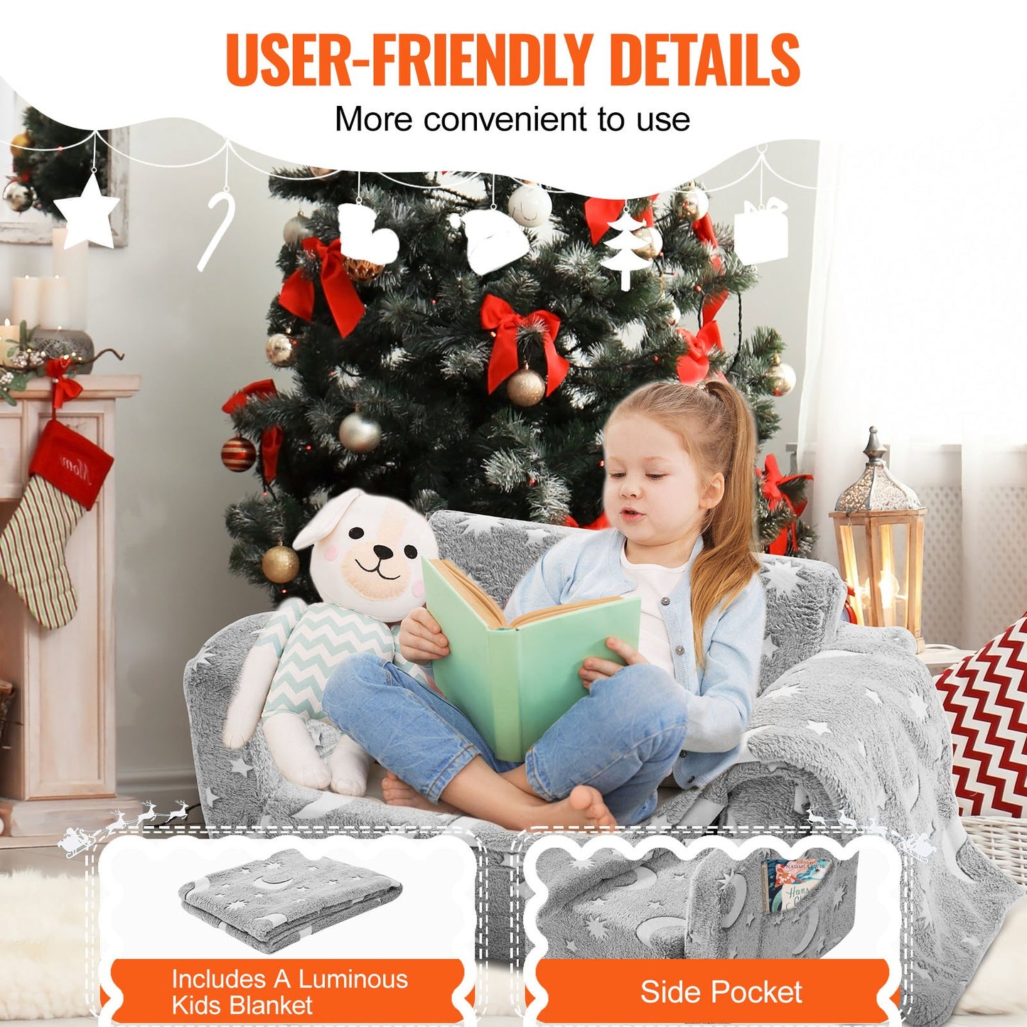 VEVOR Fold-out Kids Sofa, Glow-in-the-Dark Kids Couch Chair, 2-in-1 Children Convertible