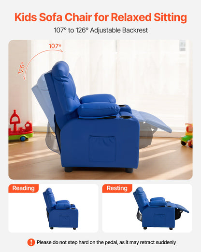 Kids Reclining Chair, Toddler Recliner with 2 Cup Holders and 4 Pockets, 107° to 126° Adjustable Back, Easy-to-Clean PU Leather Recliner Couch with Footrest, for Boys, Girls & Children (Blue)