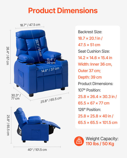 Kids Reclining Chair, Toddler Recliner with 2 Cup Holders and 4 Pockets, 107° to 126° Adjustable Back, Easy-to-Clean PU Leather Recliner Couch with Footrest, for Boys, Girls & Children (Blue)