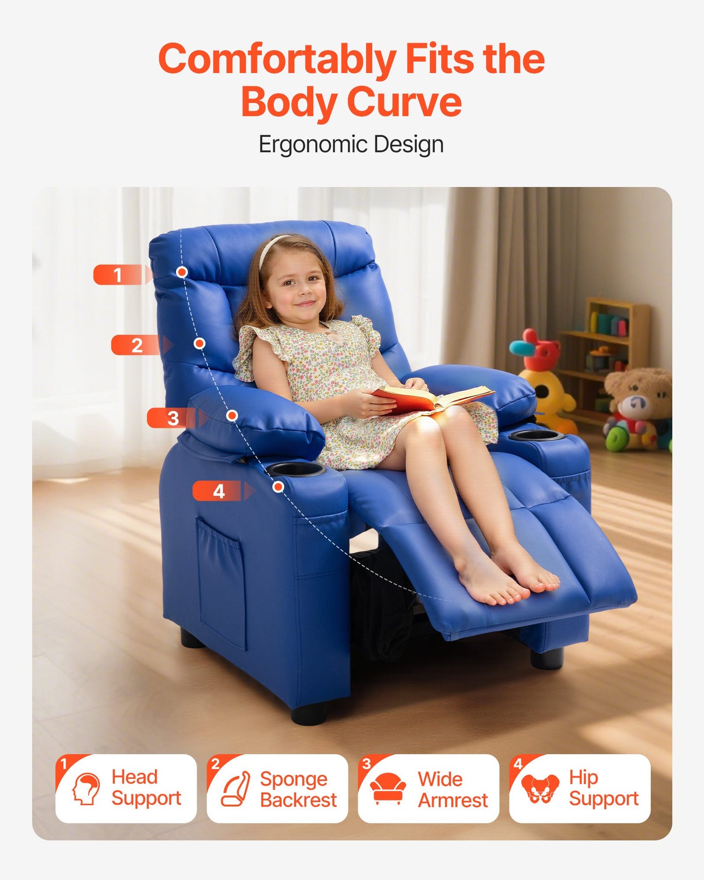 Kids Reclining Chair, Toddler Recliner with 2 Cup Holders and 4 Pockets, 107° to 126° Adjustable Back, Easy-to-Clean PU Leather Recliner Couch with Footrest, for Boys, Girls & Children (Blue)