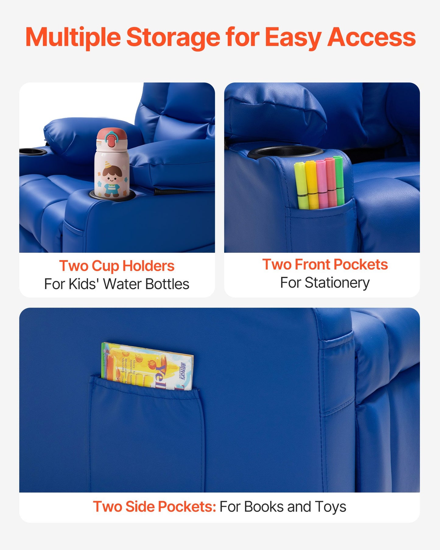 Kids Reclining Chair, Toddler Recliner with 2 Cup Holders and 4 Pockets, 107° to 126° Adjustable Back, Easy-to-Clean PU Leather Recliner Couch with Footrest, for Boys, Girls & Children (Blue)