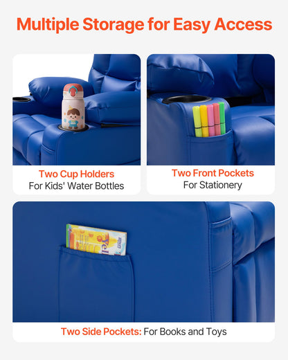 Kids Reclining Chair, Toddler Recliner with 2 Cup Holders and 4 Pockets, 107° to 126° Adjustable Back, Easy-to-Clean PU Leather Recliner Couch with Footrest, for Boys, Girls & Children (Blue)