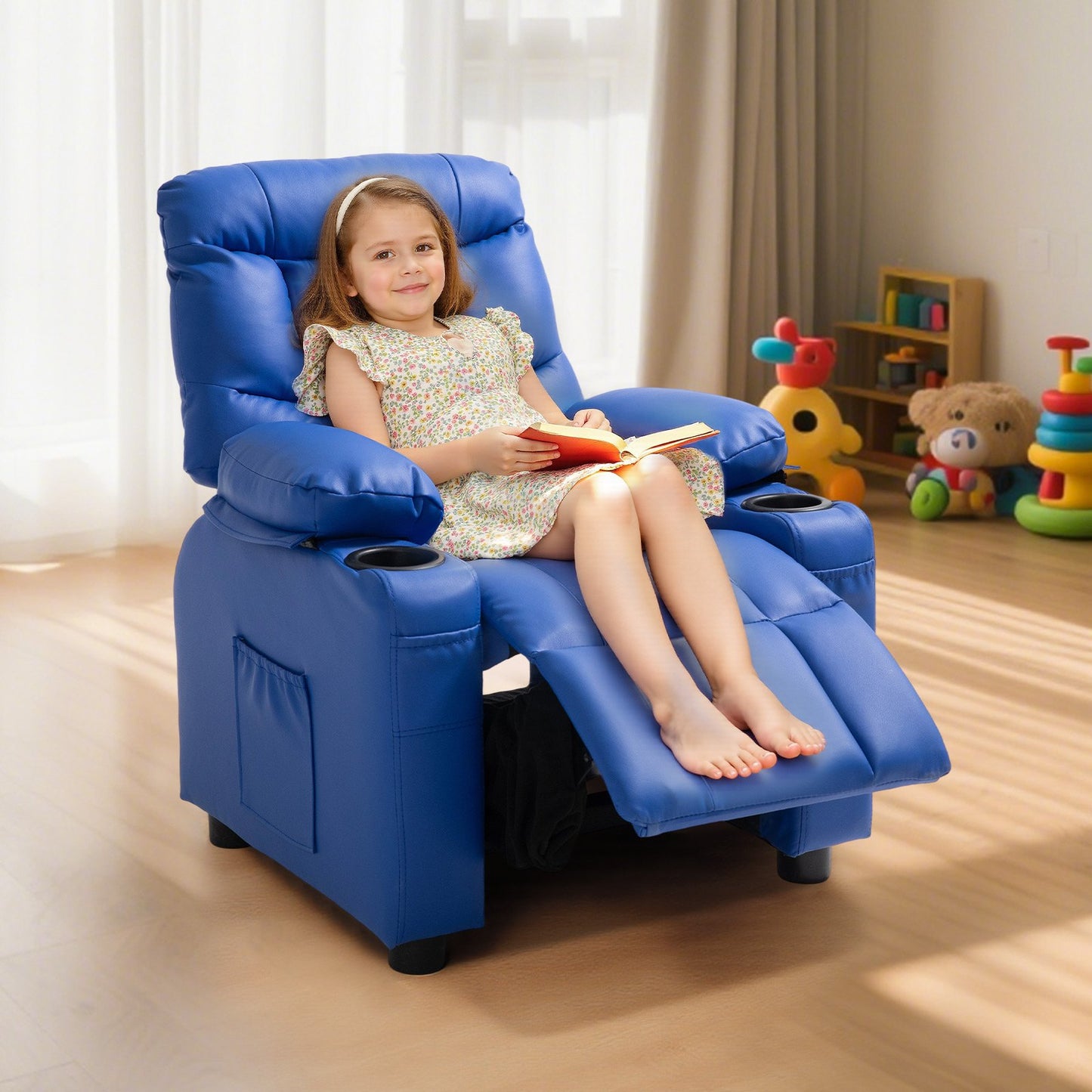 Kids Reclining Chair, Toddler Recliner with 2 Cup Holders and 4 Pockets, 107° to 126° Adjustable Back, Easy-to-Clean PU Leather Recliner Couch with Footrest, for Boys, Girls & Children (Blue)