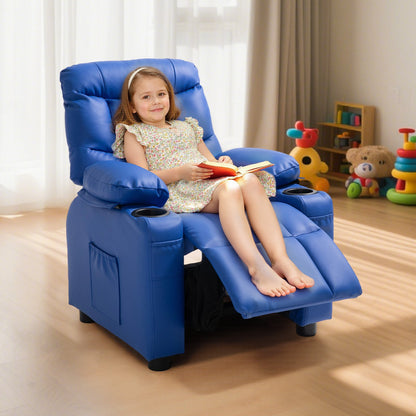 Kids Reclining Chair, Toddler Recliner with 2 Cup Holders and 4 Pockets, 107° to 126° Adjustable Back, Easy-to-Clean PU Leather Recliner Couch with Footrest, for Boys, Girls & Children (Blue)