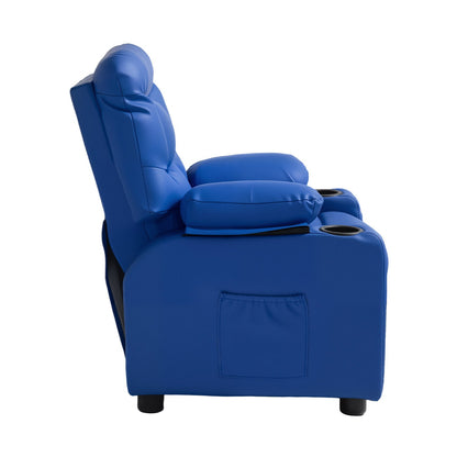 Kids Reclining Chair, Toddler Recliner with 2 Cup Holders and 4 Pockets, 107° to 126° Adjustable Back, Easy-to-Clean PU Leather Recliner Couch with Footrest, for Boys, Girls & Children (Blue)