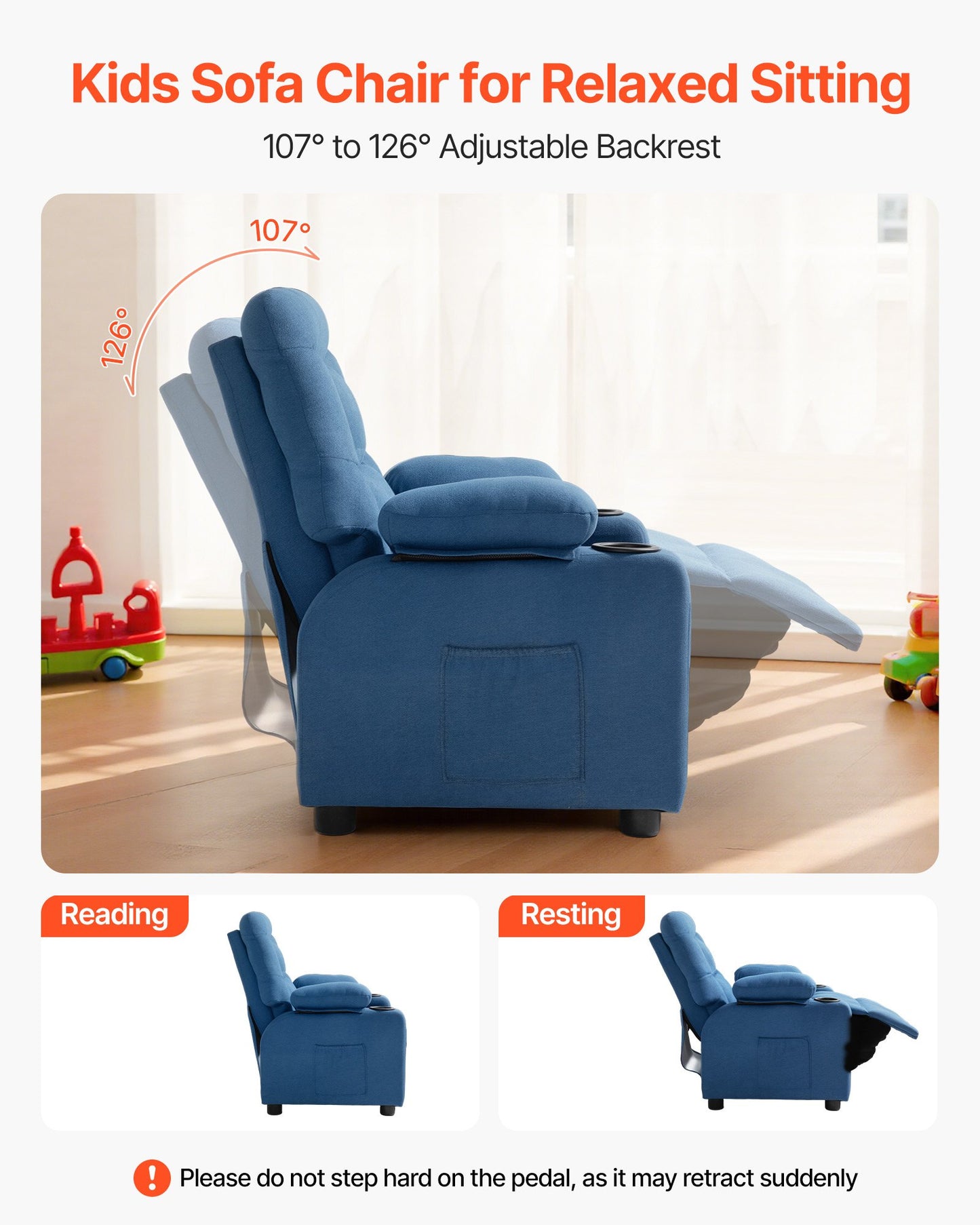 Kids Recliner Chair, Toddler Lounger with Cup Holders & Pockets, 107° to 126° Adjustable Back, Breathable Polyester Upholstery Reclining Sofa with Foot-rest, for Boys and Girls, Children (Blue)