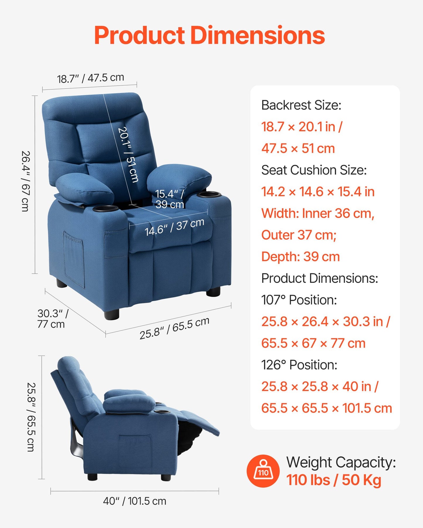 Kids Recliner Chair, Toddler Lounger with Cup Holders & Pockets, 107° to 126° Adjustable Back, Breathable Polyester Upholstery Reclining Sofa with Foot-rest, for Boys and Girls, Children (Blue)