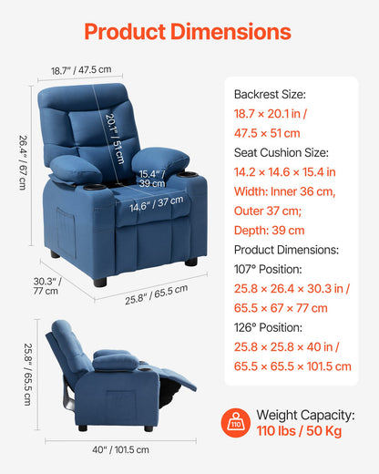 Kids Recliner Chair, Toddler Lounger with Cup Holders & Pockets, 107° to 126° Adjustable Back, Breathable Polyester Upholstery Reclining Sofa with Foot-rest, for Boys and Girls, Children (Blue)