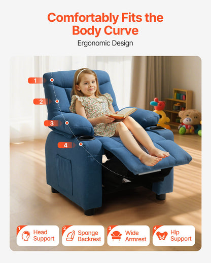 Kids Recliner Chair, Toddler Lounger with Cup Holders & Pockets, 107° to 126° Adjustable Back, Breathable Polyester Upholstery Reclining Sofa with Foot-rest, for Boys and Girls, Children (Blue)