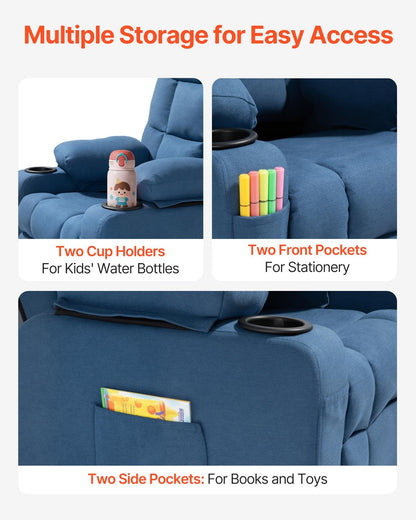 Kids Recliner Chair, Toddler Lounger with Cup Holders & Pockets, 107° to 126° Adjustable Back, Breathable Polyester Upholstery Reclining Sofa with Foot-rest, for Boys and Girls, Children (Blue)