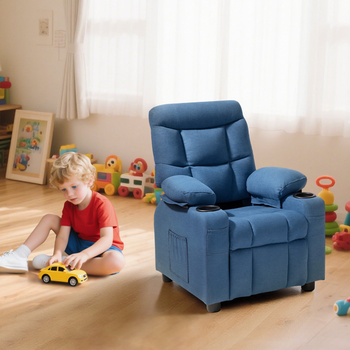 Kids Recliner Chair, Toddler Lounger with Cup Holders & Pockets, 107° to 126° Adjustable Back, Breathable Polyester Upholstery Reclining Sofa with Foot-rest, for Boys and Girls, Children (Blue)