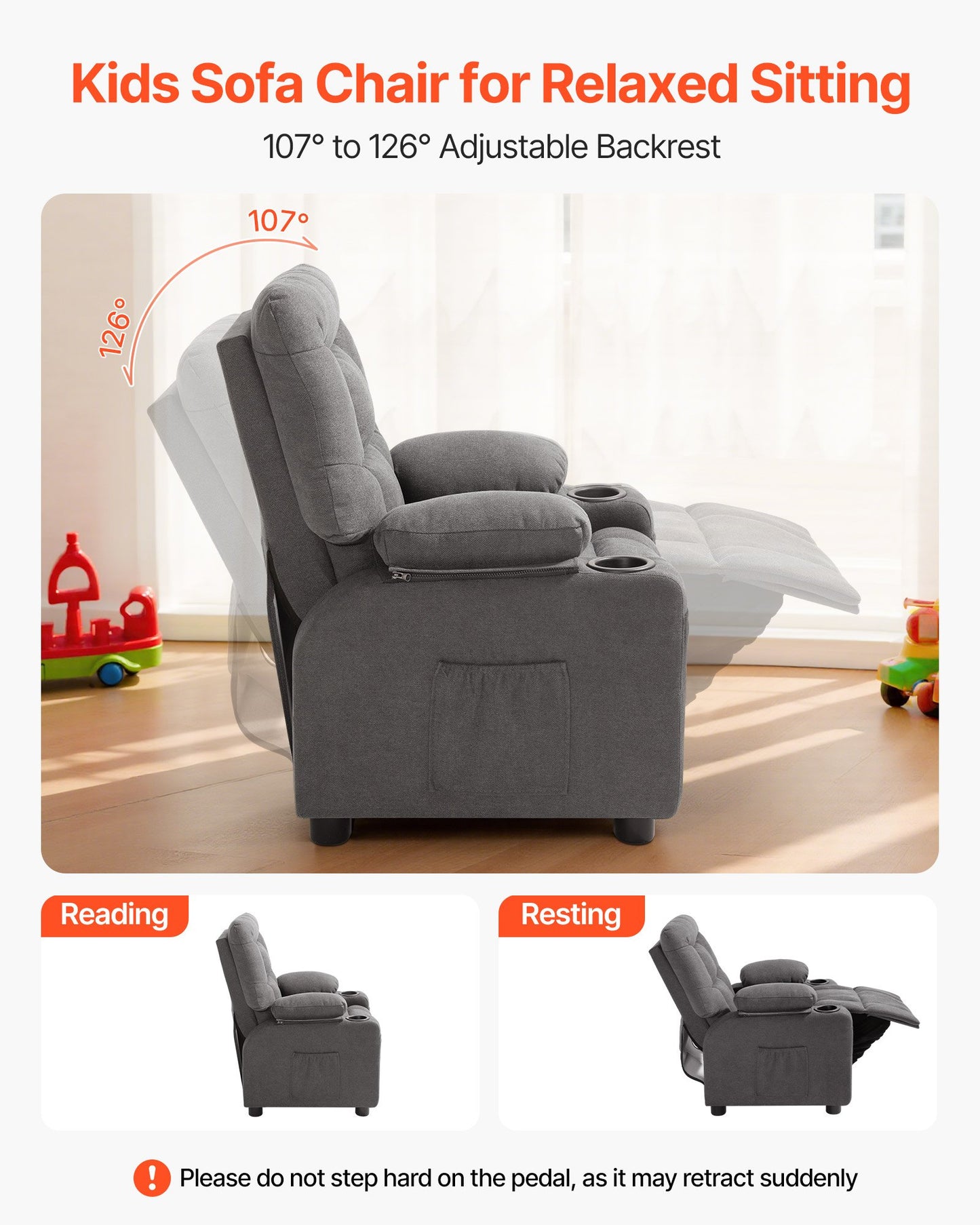 Kids Recliner Chair, Toddler Lounger with Cup Holders & Pockets, 107° to 126° Adjustable Back, Breathable Polyester Upholstery Reclining Sofa with Foot-rest, for Boys and Girls, Children (Gray)
