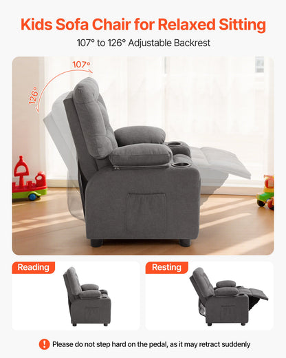 Kids Recliner Chair, Toddler Lounger with Cup Holders & Pockets, 107° to 126° Adjustable Back, Breathable Polyester Upholstery Reclining Sofa with Foot-rest, for Boys and Girls, Children (Gray)