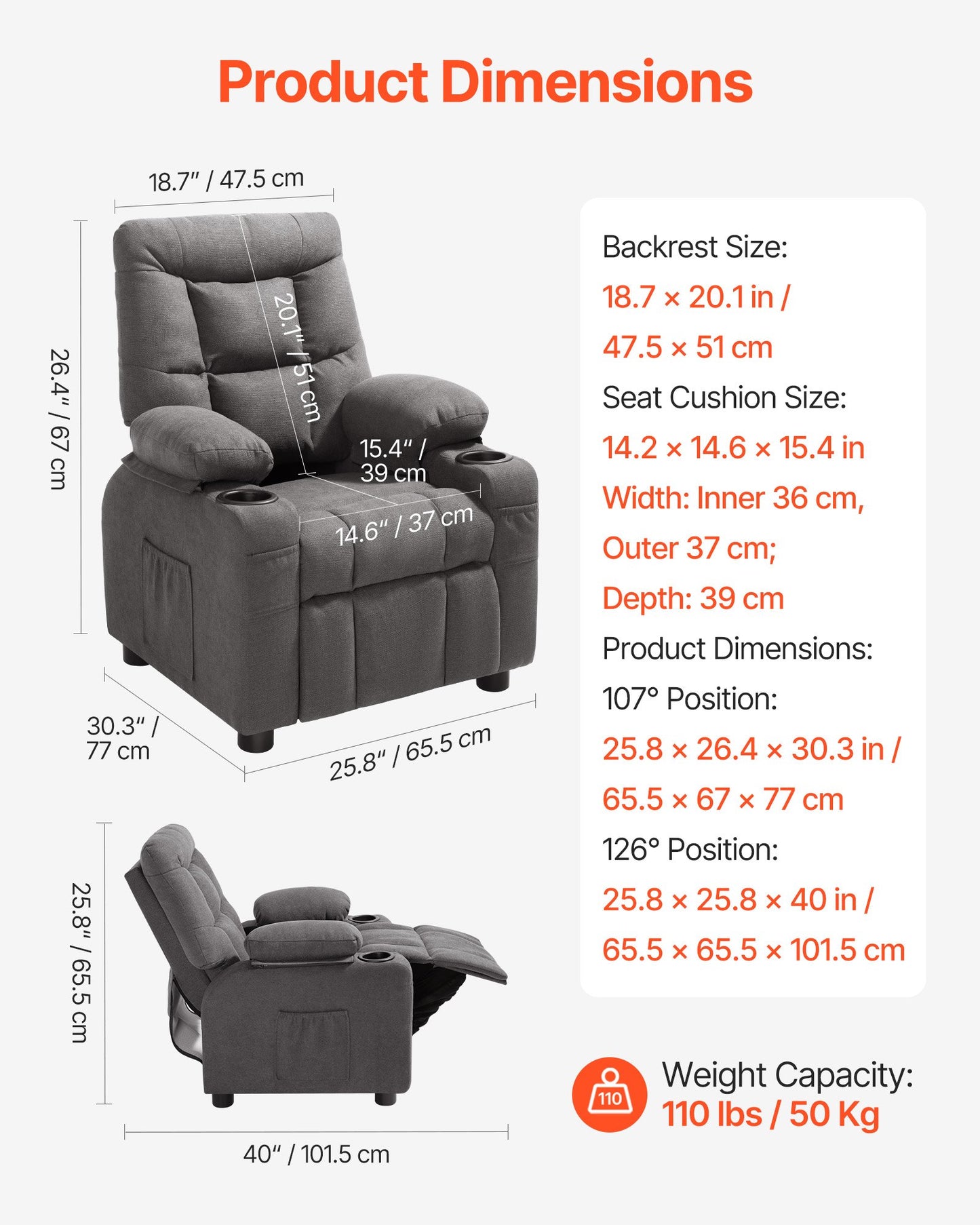 Kids Recliner Chair, Toddler Lounger with Cup Holders & Pockets, 107° to 126° Adjustable Back, Breathable Polyester Upholstery Reclining Sofa with Foot-rest, for Boys and Girls, Children (Gray)