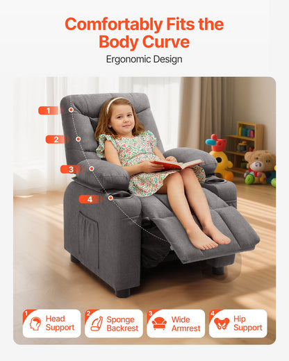 Kids Recliner Chair, Toddler Lounger with Cup Holders & Pockets, 107° to 126° Adjustable Back, Breathable Polyester Upholstery Reclining Sofa with Foot-rest, for Boys and Girls, Children (Gray)