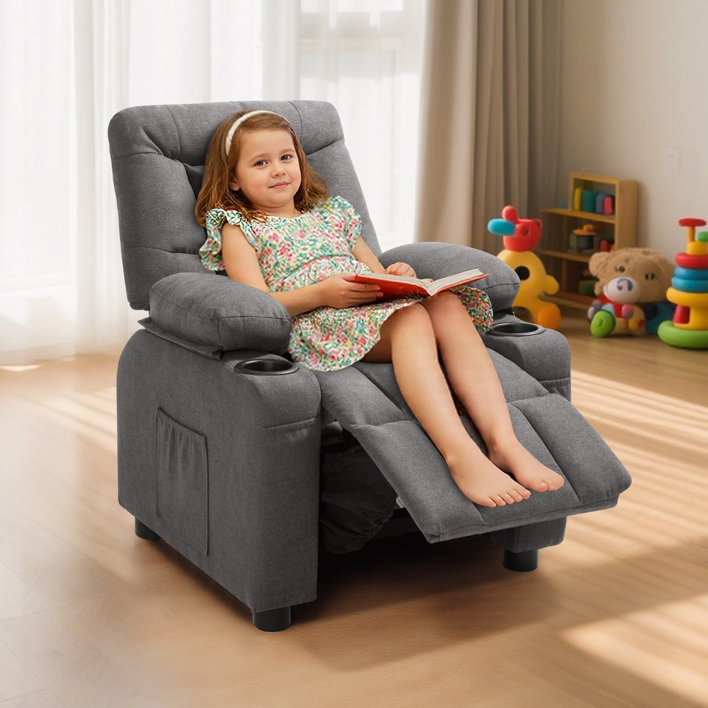 Kids Recliner Chair, Toddler Lounger with Cup Holders & Pockets, 107° to 126° Adjustable Back, Breathable Polyester Upholstery Reclining Sofa with Foot-rest, for Boys and Girls, Children (Gray)