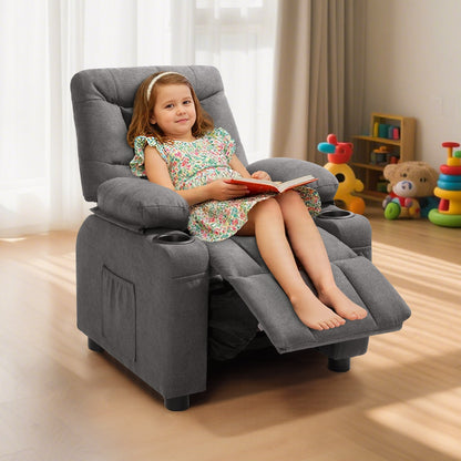 Kids Recliner Chair, Toddler Lounger with Cup Holders & Pockets, 107° to 126° Adjustable Back, Breathable Polyester Upholstery Reclining Sofa with Foot-rest, for Boys and Girls, Children (Gray)