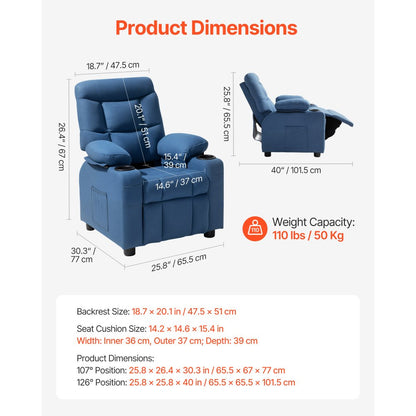 VEVOR Kids Reclining Chair Toddler Recliner with Cup Holders and Pockets (Blue)