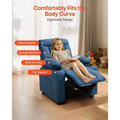 VEVOR Kids Reclining Chair Toddler Recliner with Cup Holders and Pockets (Blue)
