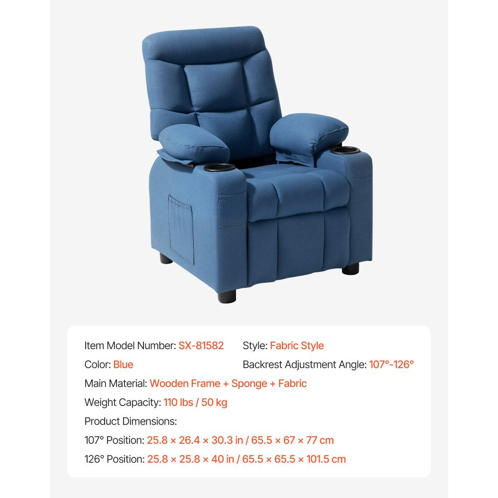 VEVOR Kids Reclining Chair Toddler Recliner with Cup Holders and Pockets (Blue)