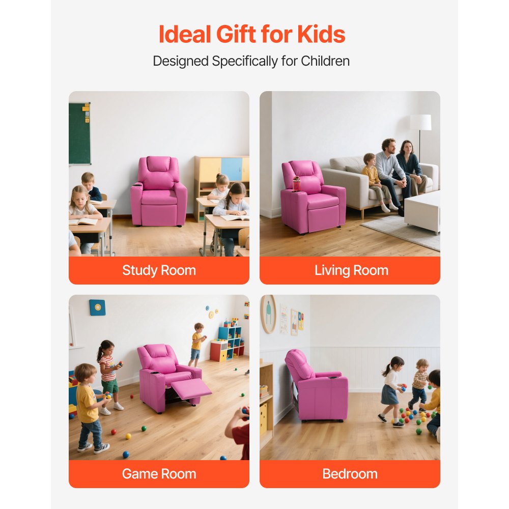 VEVOR Kids Reclining Chair PU Leather Toddler Recliner with Cup Holder (Pink)