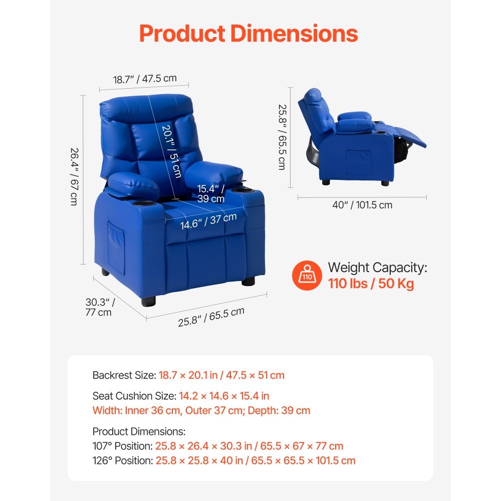 VEVOR Kids Reclining Chair PU Leather Toddler Recliner with Cup Holder & Pocket