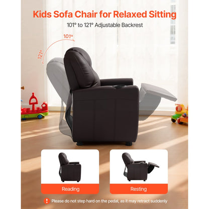 VEVOR Kids Reclining Chair PU Leather Toddler Recliner with Cup Holder (Brown)