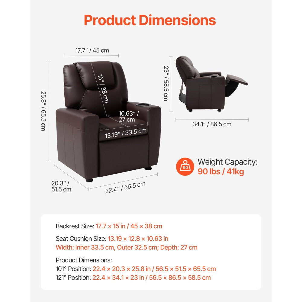 VEVOR Kids Reclining Chair PU Leather Toddler Recliner with Cup Holder (Brown)