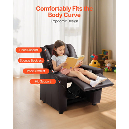 VEVOR Kids Reclining Chair PU Leather Toddler Recliner with Cup Holder (Brown)